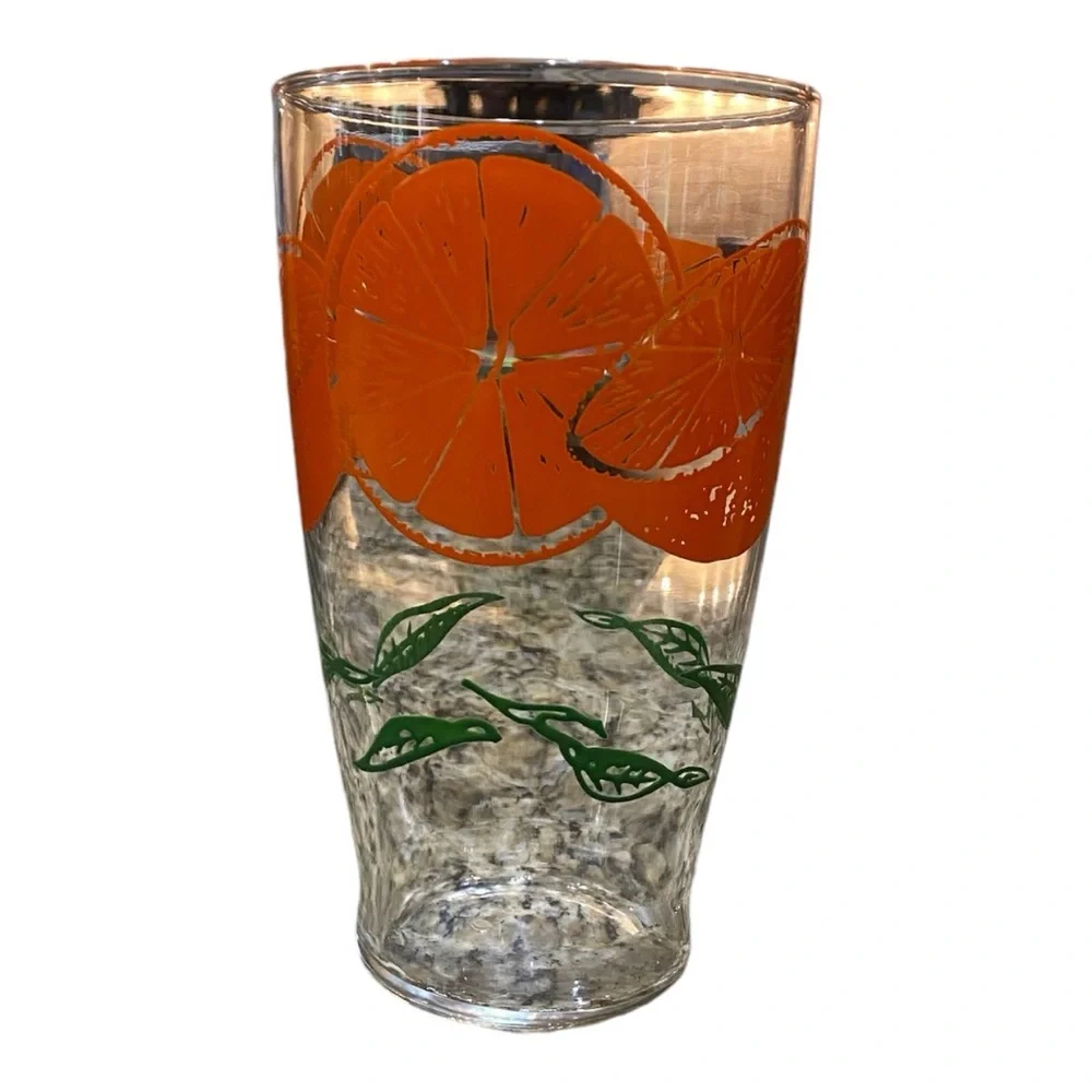 MCM Vintage Glass Orange Juice Pitcher Painted Oranges Citrus Carafe